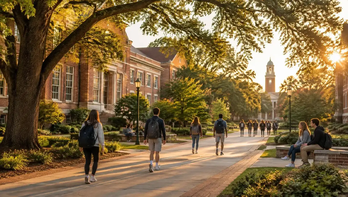 Illustrative image of a leafy university walkway at golden hour