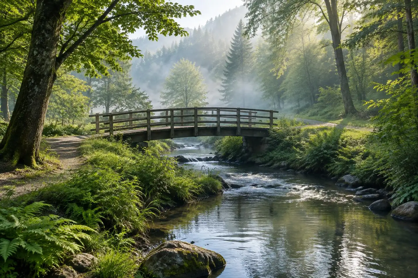 Illustrative image of a wooden footbridge over a forest creek